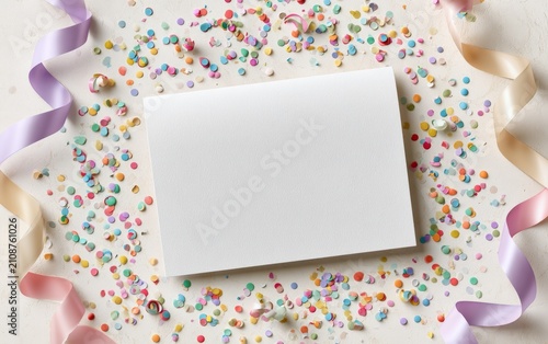 Blank Card Surrounded by Colorful Confetti and Ribbons on Flat Surface