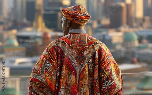 Vibrant Leader in Agbada Outfit Overlooking Urban Skyline