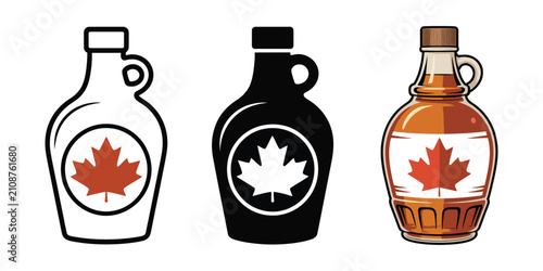 Canadian maple syrup bottle icon set with classic glass containers ring handles and maple syrup packaging designs