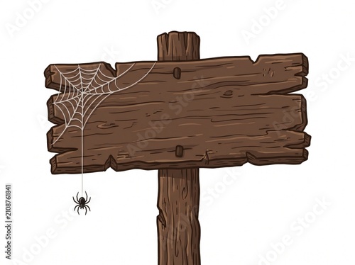 Wooden signpost with spider web hanging on weathered timber isolated on white for halloween marketing and spooky holiday announcements