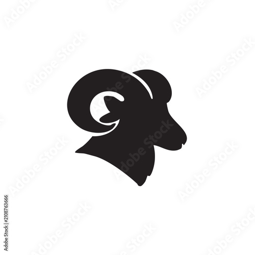 Black silhouette icon of a ram head with large horns