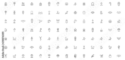 Fotografie halloween outline icons set with pumpkins skeletons bats witches cats spiders gh