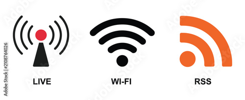 Wireless communication icons for live streaming WiFi connectivity RSS feed broadcasting and content updates