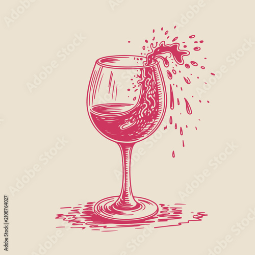 Foto Hand drawn illustration of a wine glass with splashing red wine liquid isolated