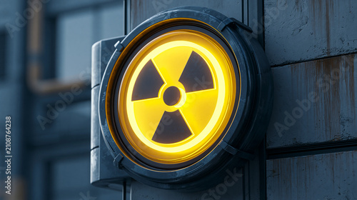 Glowing yellow nuclear radiation hazard symbol sign mounted on a futuristic metallic wall. Ideal for science fiction, atomic energy, and toxicity concepts.