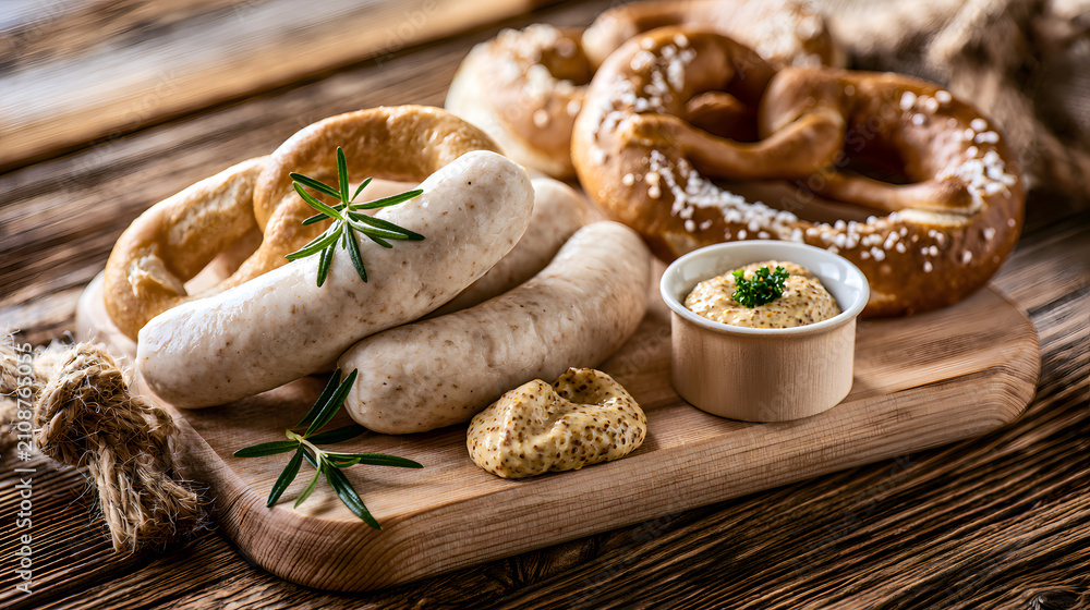 Fototapeta premium Traditional sausages and pretzels on rustic wooden board