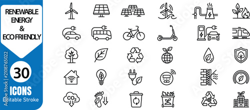 Renewable energy and eco friendly icons set sustainable living and green technology visuals
