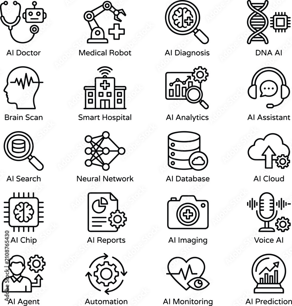 Fototapeta premium Artificial Intelligence Healthcare Vector Icon Set Featuring Medical Diagnosis Smart Hospital AI Analytics Automation and Digital Health Technology