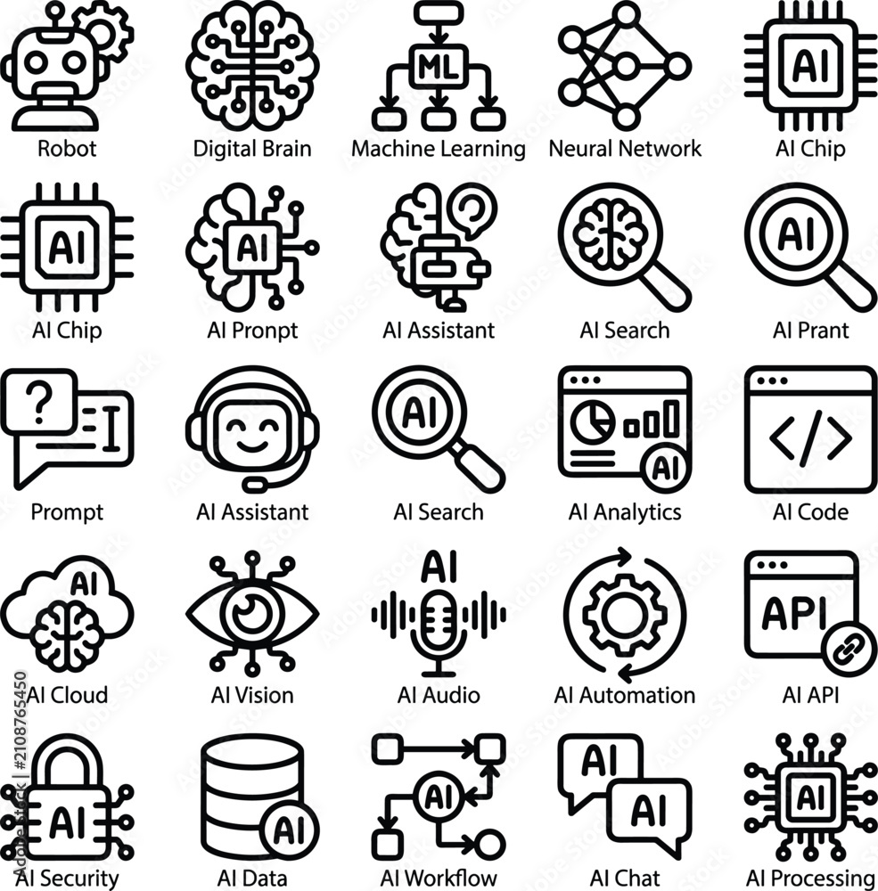Fototapeta premium Artificial Intelligence Technology Vector Icon Set Featuring Machine Learning Neural Networks AI Analytics Automation Security and Cloud Computing