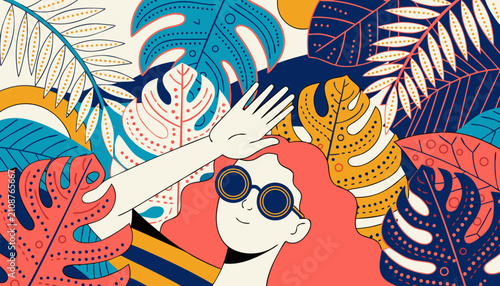 Flat Vector Illustration of Woman with Sunglasses Surrounded by Tropical Leaves