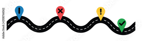 Fotografía Journey Milestones: A winding road with various colored map pins indicating different stages and outcomes of a journey, symbolizing progress, setbacks, and arrival