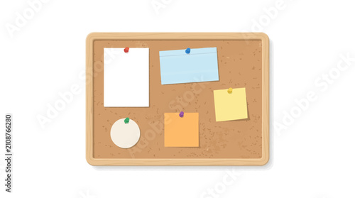 Cork bulletin board with colorful sticky notes and blank paper pinned with thumbtacks on a white background
