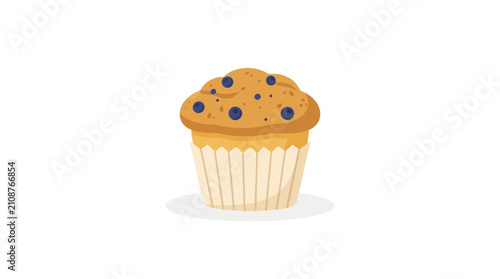 A single blueberry muffin in a paper liner with a shadow on a white background