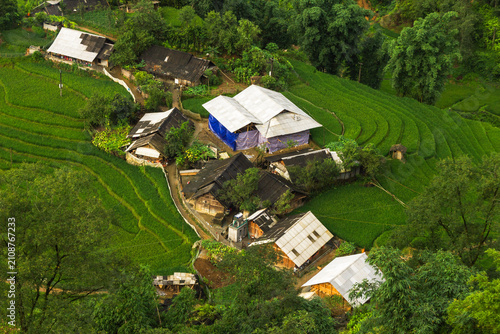 Overhead View of Traditional Houses Amongst Rice Terraces in Sapa
