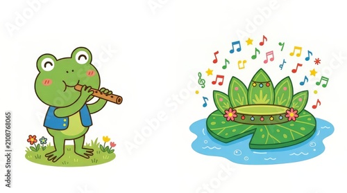 Cute cartoon frog musician playing flute and decorated water lily pad with musical notes. Whimsical animal character and pond life illustration isolated on white background