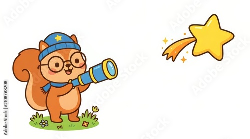Cute cartoon squirrel astronomer holding telescope. Little animal character looking at yellow shooting star. Vector illustration isolated on white background