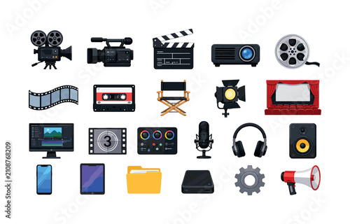 Movie cinema film production media tools flat icons set, camera, video, film, clapperboard, projector, cassette, screen, folder,
