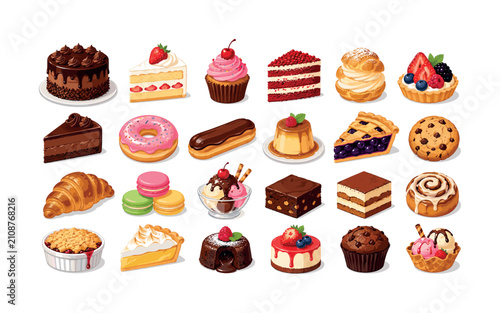 Delicious sweet desserts cakes pastries baking flat icons, cake, cupcake, pastry, pie, pudding, donut, dessert, sweet, treat,