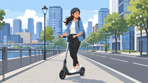 Young woman riding an electric scooter along a city waterfront promenade