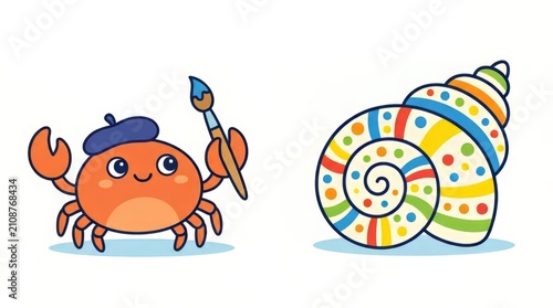 Cute cartoon artist crab holding a paintbrush and wearing a beret. Colorful decorated spiral seashell vector illustration isolated on white background