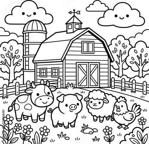 Fotografía Farm animals and barnyard scene coloring page for kids