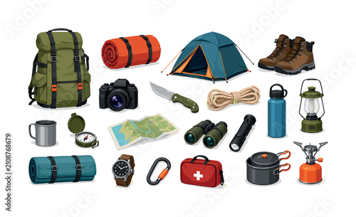 Travel camping outdoor sports gear backpack accessories items set, backpack, bag, boots, tent, camera, knife, rope, bottle,