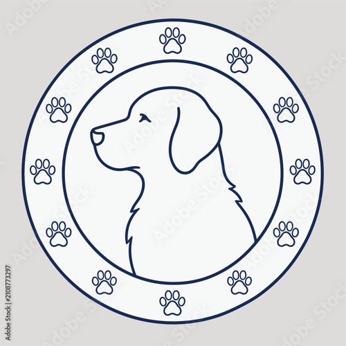 Circular Dog Head Silhouette Emblem with Paw Prints Frame