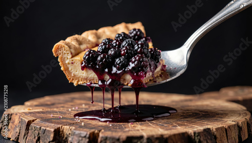 Close-up of blackberry cheesecake slice dripping sauce on wooden surface