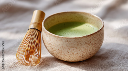Ceramic matcha bowl and whisk on linen fabric for tea ceremony and mindful relaxation