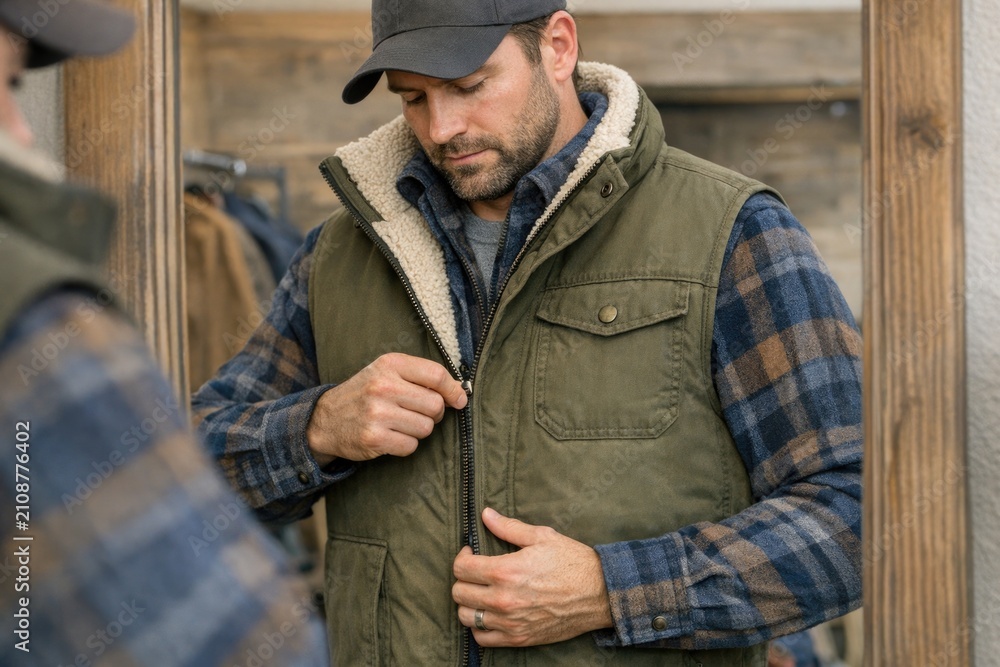 Fototapeta premium A person examines their jacket, wearing a vest and hat