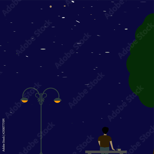 Minimalist vector illustration of a person sitting on a park bench under a starry night sky with a glowing street lamp, large moon, and tree, creating a peaceful and contemplat