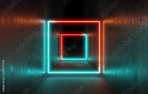 Abstract Futuristic Neon Geometric Background with Glowing Shapes, Cyberpunk Sci-Fi 3D Render