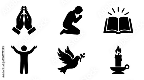 Fotografie Religious prayer icon set with 6 black vector silhouettes, spiritual worship sym