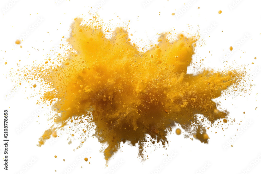 Obraz premium Yellow powder exploding, scattering dust particles and holi colors creating an abstract cloud with a transparent background