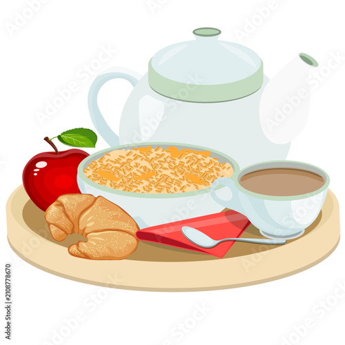 Breakfast oatmeal, croissant, tea, and fruit