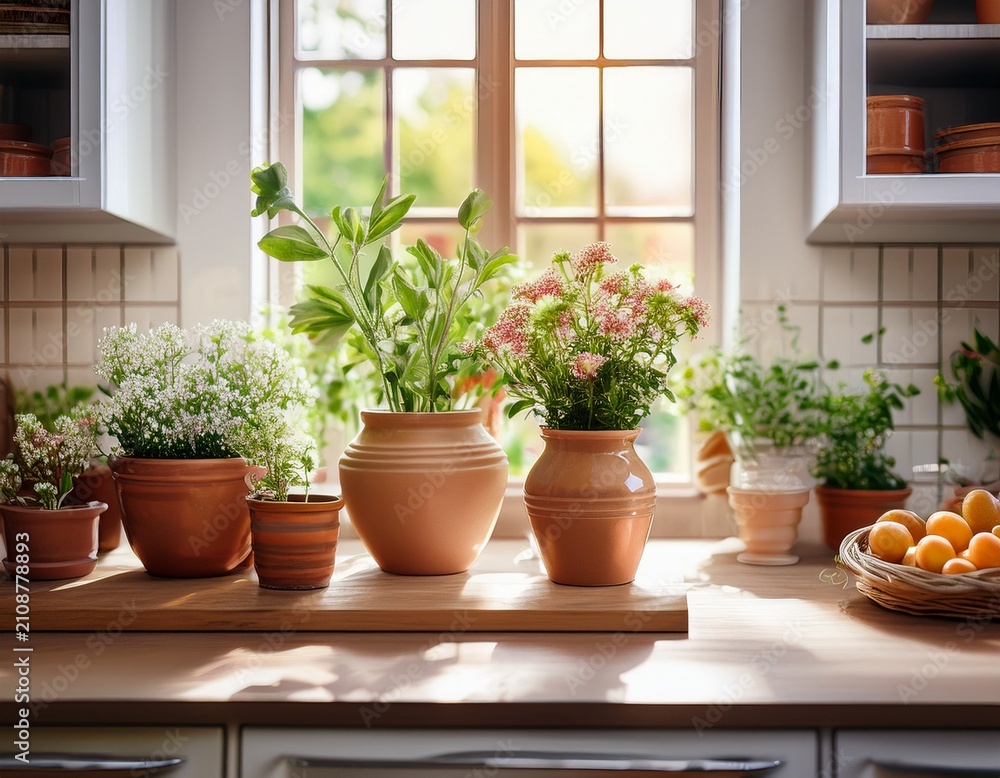 Fototapeta premium kitchen interior with flowers in ceramic pots on the windowsill