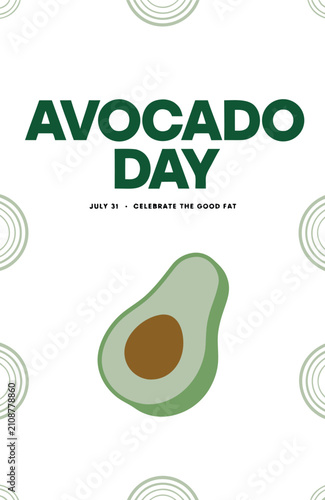 Avocado Day Celebration: A vibrant graphic poster announcing Avocado Day on July 31st, celebrating the goodness of this nutritious fruit with a stylized avocado illustration.