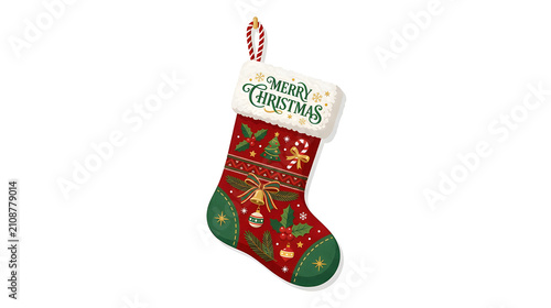 Traditional Christmas stocking with festive decorations, premium flat vector illustration, isolated on white background