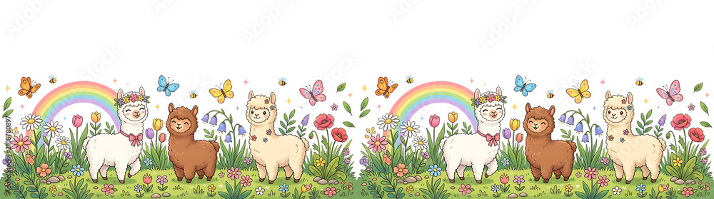 Fototapeta premium Whimsical Llama Border with Rainbow. Butterflies. and Flowers in a Lush Meadow
