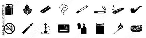 Foto Set of smoking and tobacco icons including cigarette pack, tobacco leaves, rolli