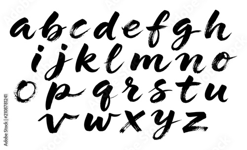 Brush stroke lowercase alphabet letters in black ink on transparent background