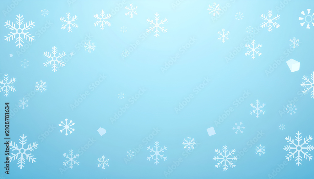Fototapeta premium White snowflakes falling on a light blue winter background for holidays