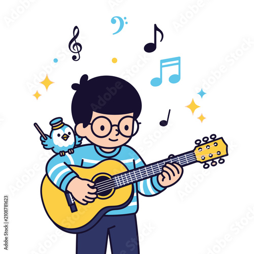 A young boy plays a yellow acoustic guitar with a bird