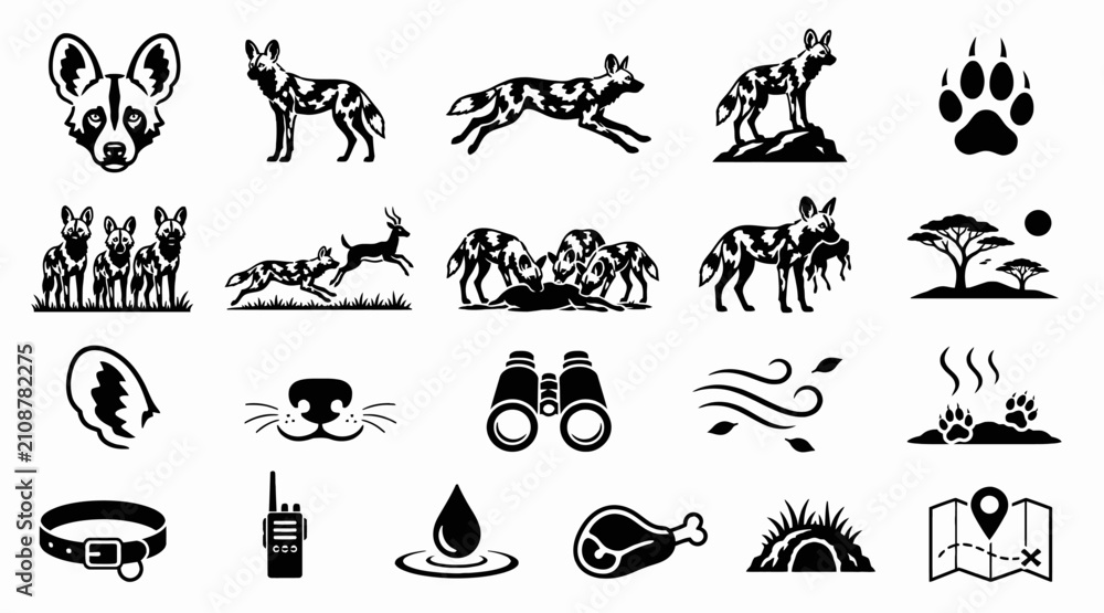 Fototapeta premium Black and white icons of animals and nature symbols.