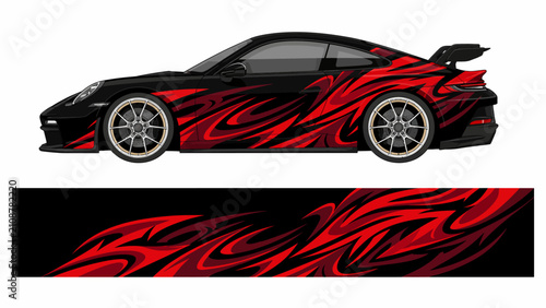 Red and black tribal flame car livery wrap.