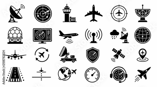 Collection of aviation and technology icons in black.
