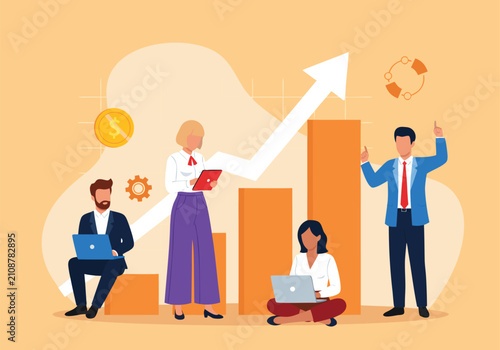 Vector illustration design of business team working together on financial growth chart and data analytics in modern office