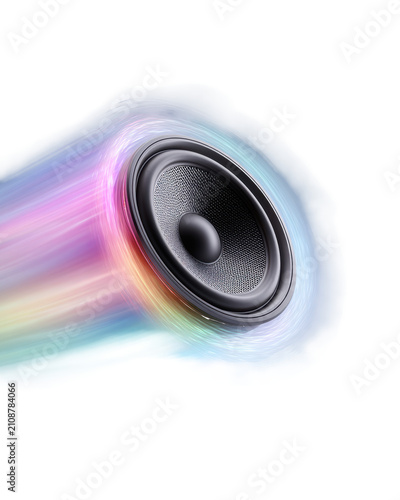 Floating loudspeaker driver with colorful motion blur sound waves isolated on transparent background