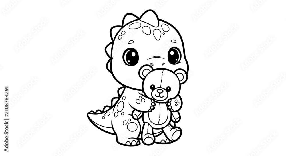 Obraz premium Adorable kawaii baby dinosaur character hugging a small teddy bear, black and white line art illustration perfect for children's coloring pages and activities.