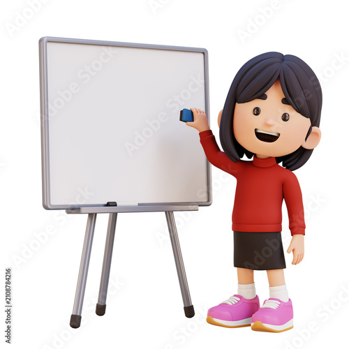 3D Young Girl Erasing Whiteboard Classroom Activity Concept